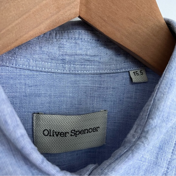 Oliver Spencer Shirt Size 15.5" Blue Long Sleeve Button Cuff Cotton Linen Blend - Picture 10 of 11